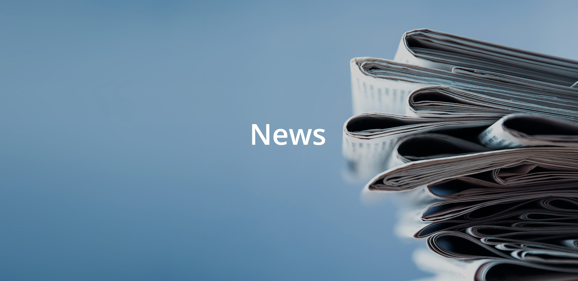 a stack of newspapers sitting all the way to the right on top of a gradient blue background and the word News in the middle of the image